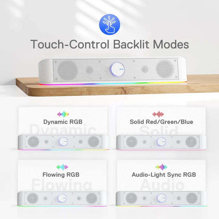 Redragon GS560W Adiemus RGB desktop soundbar in white, showing touch controls and volume knob