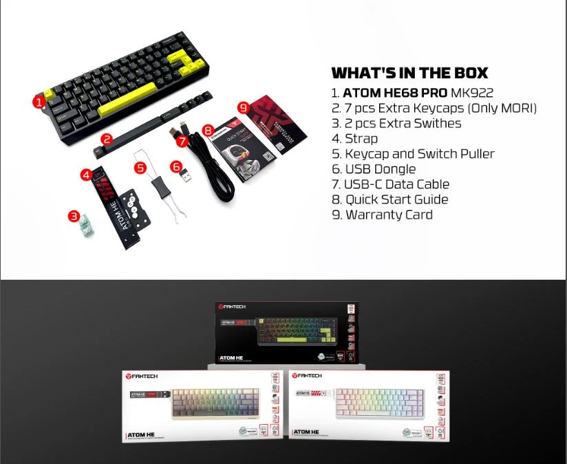 Fantech Atom HE MK922 Gray wireless magnetic gaming keyboard with 68 keys and RGB lighting
