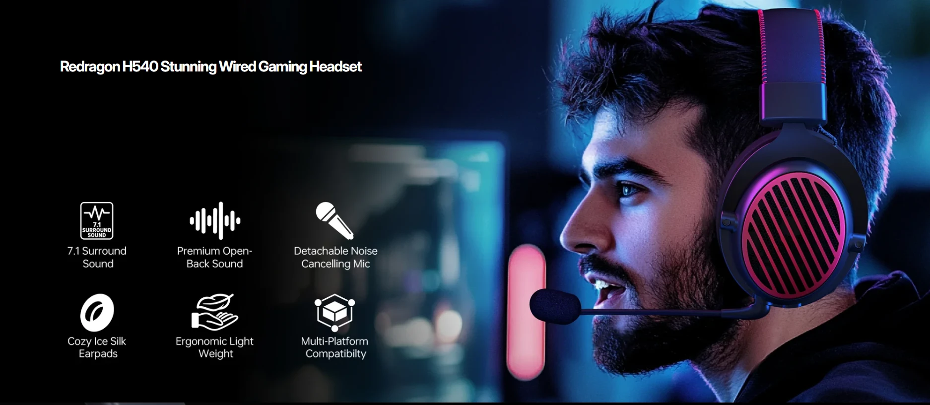 Redragon H540-PRO Luna Pro black gaming headset with detachable microphone