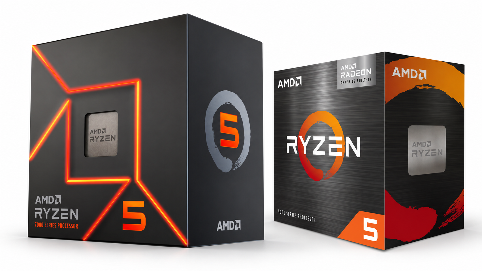 AMD Ryzen 5 5500F and Ryzen 5 7500 processors side by side — the AM4 Zen 3 and AM5 Zen 4 budget CPUs launched September 10, 2026