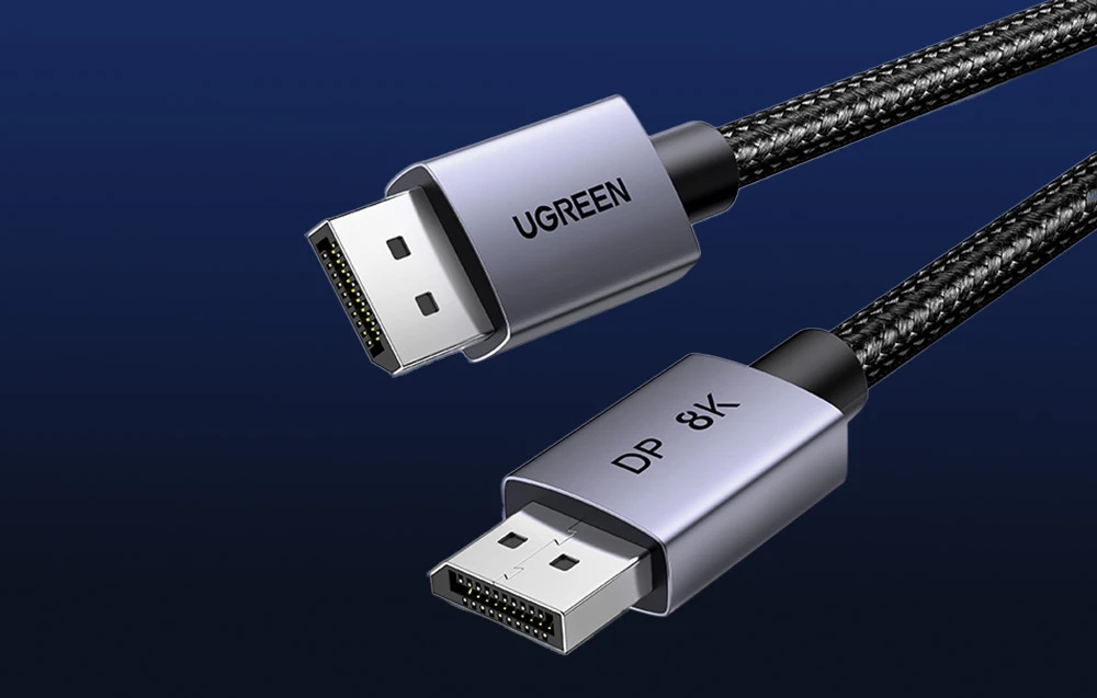 UGREEN DP120 DisplayPort 1.4 cable connected to a display for high resolution output