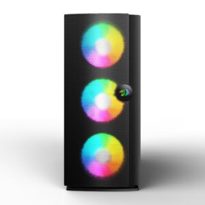 Front view of the Redragon G651 black mid-tower gaming case with three RGB-lit front fan positions behind a perforated mesh panel
