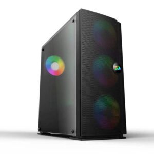 Redragon G651 black mid-tower PC case with perforated front panel, tempered-glass side and RGB fans