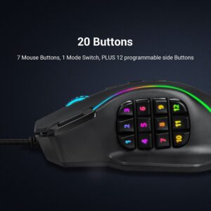 Close-up of the Redragon M901 Perdition gaming mouse showing its twelve numbered programmable side buttons and RGB lighting