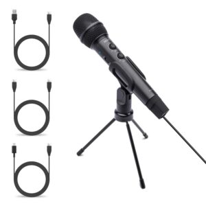 Movo HM-K1 black USB handheld cardioid condenser microphone with tripod stand and USB, USB-C and Lightning cables