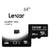 Lexar 64GB microSDXC UHS-I Class 10 memory card with retail packaging and SD adapter