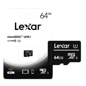 Lexar 64GB microSDXC UHS-I Class 10 memory card with retail packaging and SD adapter