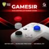 GameSir AC12 silicone analog stick cover set displayed on a white game controller with red, gray, blue and black caps