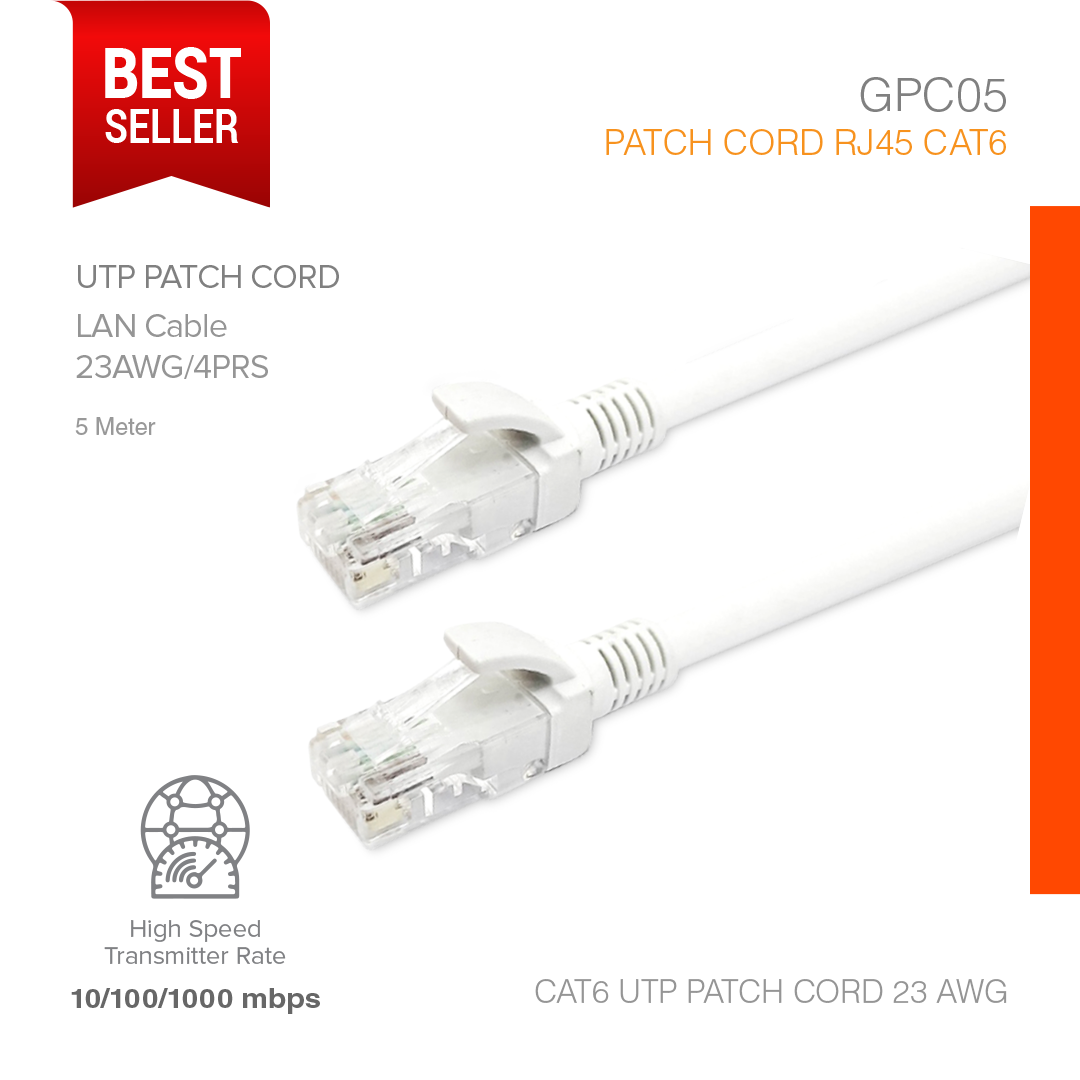5 metre Cat6 UTP Ethernet patch cord with RJ45 connectors