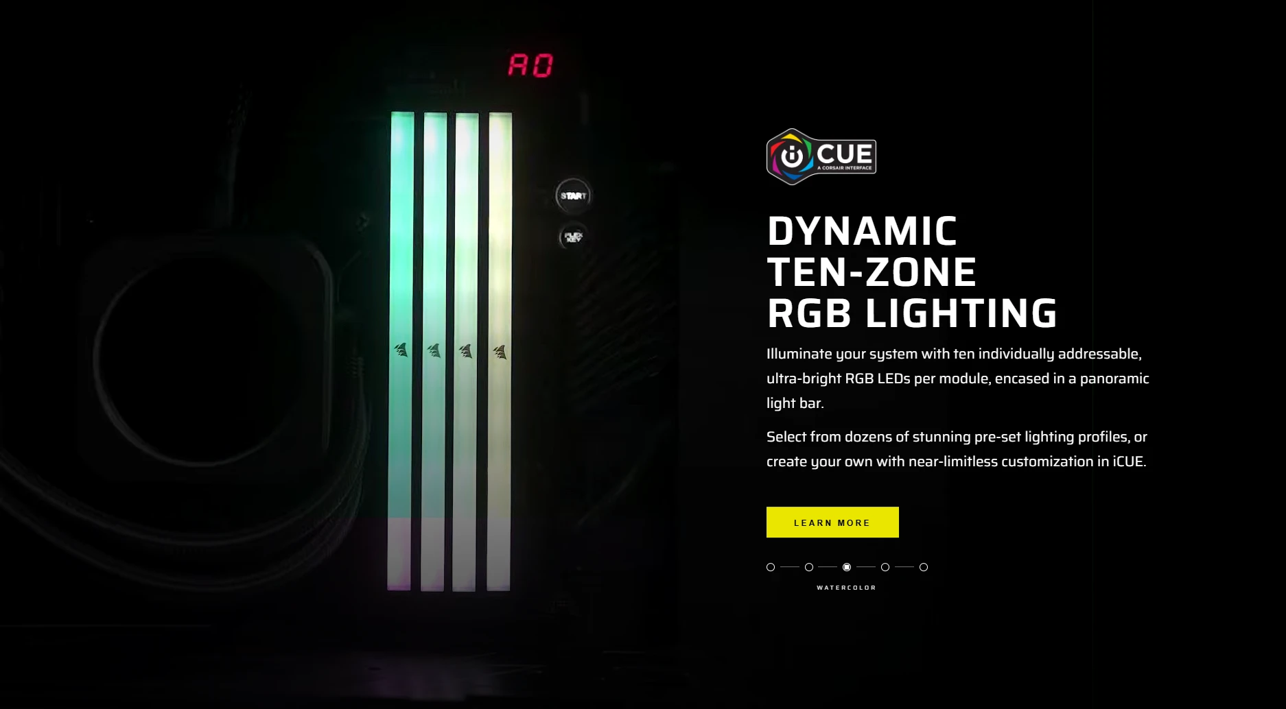 Corsair Vengeance RGB DDR5 32GB 6400MHz memory kit with dynamic ten-zone RGB lighting and black aluminum heatspreader