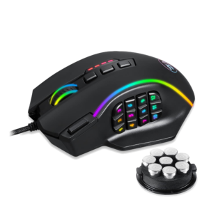 Redragon M901 Perdition black wired MMO gaming mouse with RGB lighting, numbered side buttons and adjustable weight set