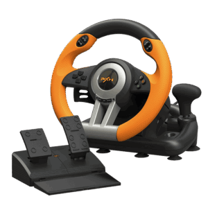 PXN V3 Pro orange and black racing steering wheel with shifter and foldable pedal set