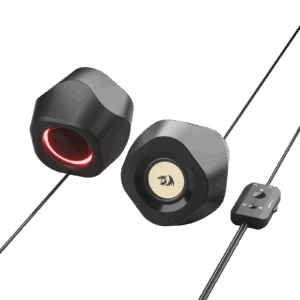 Redragon GS590 black desktop stereo speakers with gold-colored driver centers and RGB rear lighting
