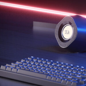 Redragon GS590 product feature graphic showing Bluetooth 5.0, AUX and USB modes with RGB desktop speakers