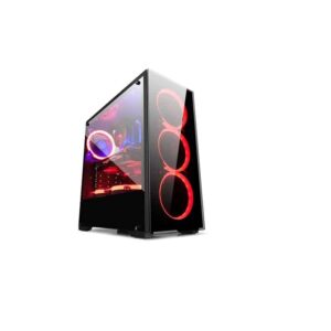 TechnoZone C2 black mid-tower PC case with red front RGB fans and tempered-glass side panel