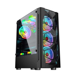 Side angle of the TechnoZone C250 gaming case showing the tempered-glass panel and front RGB fans