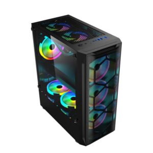 Top-front angle of the TechnoZone C250 black gaming case showing top ventilation and RGB fan layout
