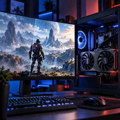 Illustrative gaming PC scene for Alfrensia's article about AMD FSR Upscaling 4.1 and Radeon RX 6000 graphics cards