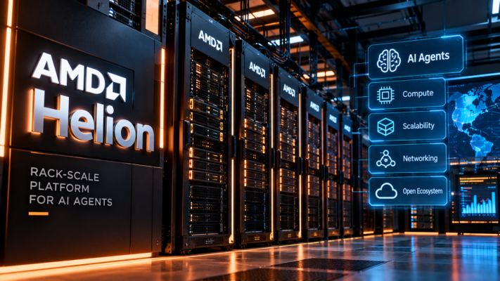 Editorial illustration of an AMD Helion-style rack-scale AI data-center platform with server racks and AI agent, compute, scalability and networking concepts; illustrative, not an official AMD product photograph.