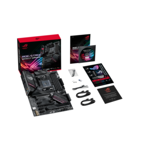 ASUS ROG Strix B550-F Gaming motherboard with package contents and accessories