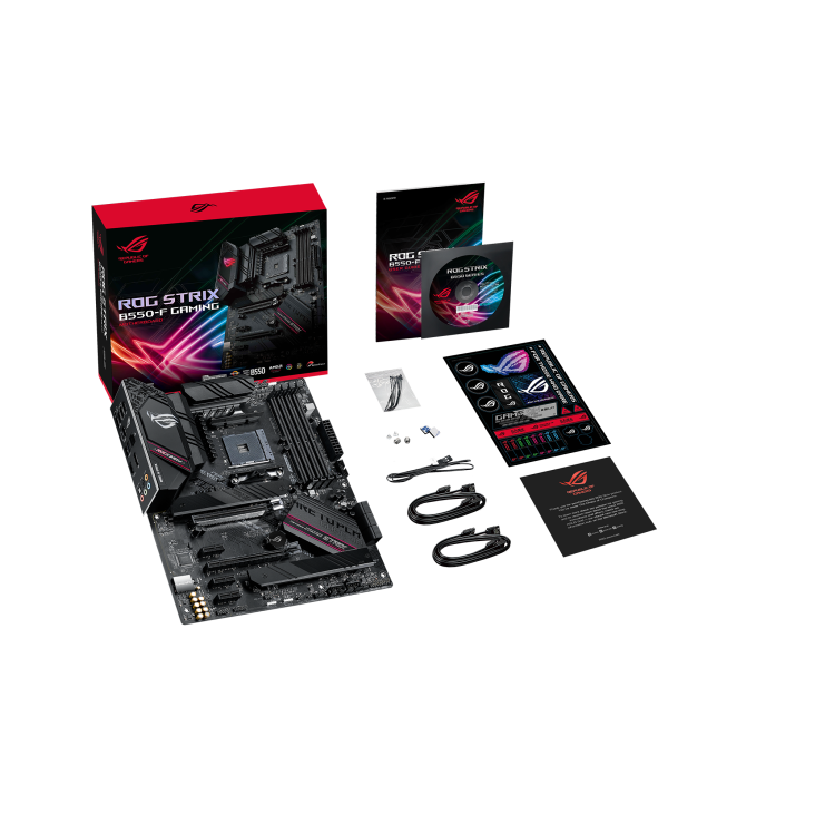 ASUS ROG Strix B550-F Gaming motherboard with package contents and accessories