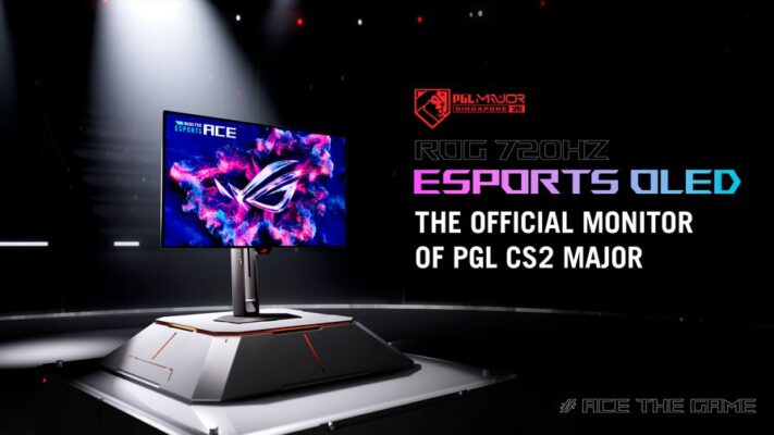 ASUS ROG Swift OLED 720Hz esports monitor on stage, official ASUS press image