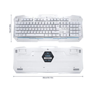 Top and rear views of the white Aula F2009 keyboard with listed dimensions.