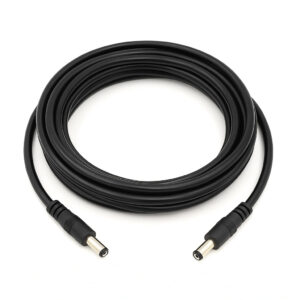 DC barrel male-to-male power cable with matching cylindrical plugs for compatible low-voltage equipment
