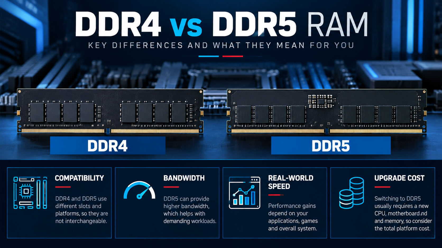Original Alfrensia infographic comparing DDR4 and DDR5 compatibility, bandwidth, real-world speed and platform upgrade cost.