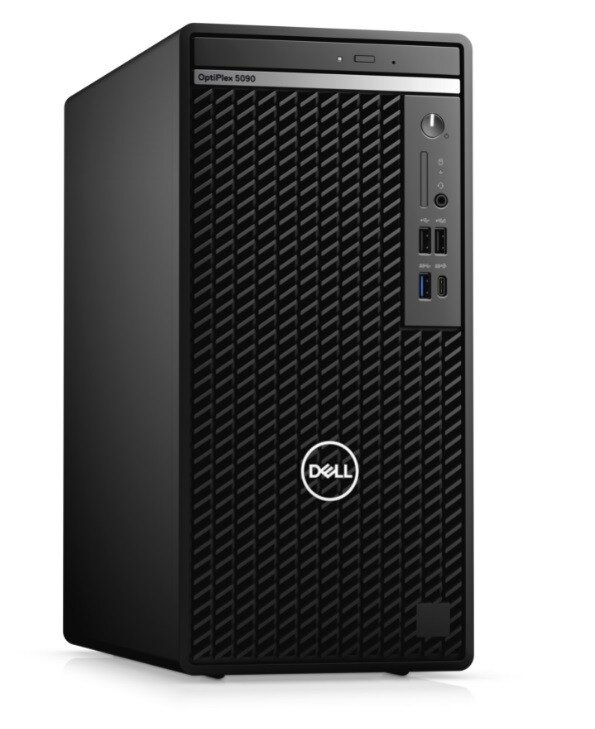 Dell OptiPlex 5090 black tower desktop chassis front three-quarter view for the Core i7-11700 4GB RAM 1TB storage configuration