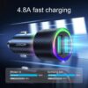 Black Joyroom dual USB-A car charger with illuminated multicolor ring and 4.8A total output