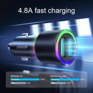 Black Joyroom dual USB-A car charger with illuminated multicolor ring and 4.8A total output