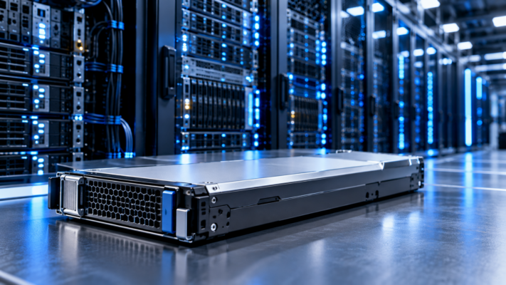 High-resolution editorial illustration of an enterprise E1.L storage drive in a blue-lit data center server environment