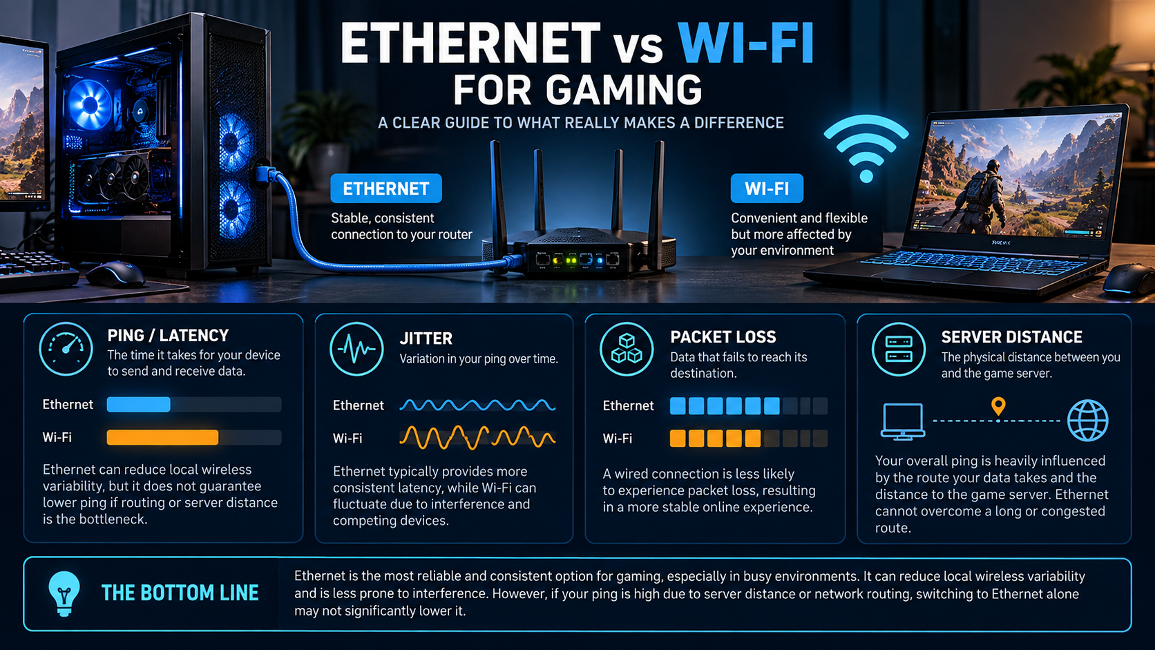 Original Alfrensia infographic comparing Ethernet and Wi-Fi for gaming and explaining latency, jitter, packet loss and server distance.