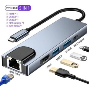 Generic USB-C 5-in-1 hub with HDMI, Ethernet, USB-A and USB-C power ports; verify the exact port configuration against the item before ordering