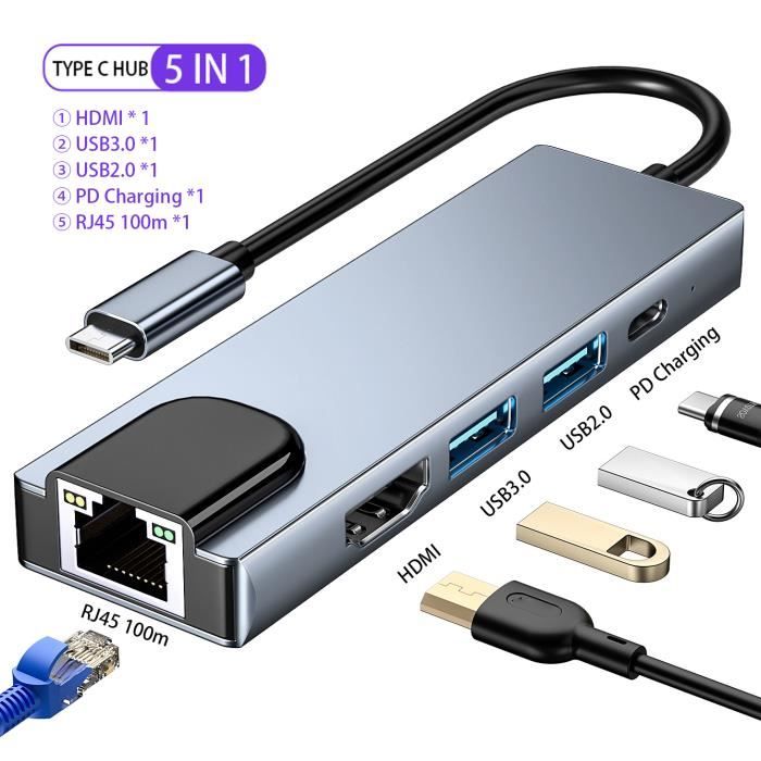 Generic USB-C 5-in-1 hub with HDMI, Ethernet, USB-A and USB-C power ports; verify the exact port configuration against the item before ordering