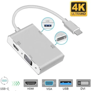 Generic USB-C multiport adapter showing VGA, DVI, HDMI and USB connections; verify the exact port layout and host compatibility before ordering