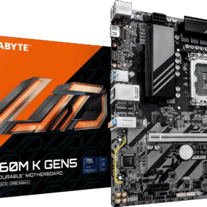GIGABYTE B860M K GEN5 motherboard beside its orange and black retail box