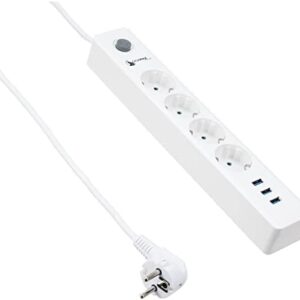 White Gigamax power strip; source image shows four AC outlets and three USB ports, not the listed seven-outlet two-USB GM308U layout
