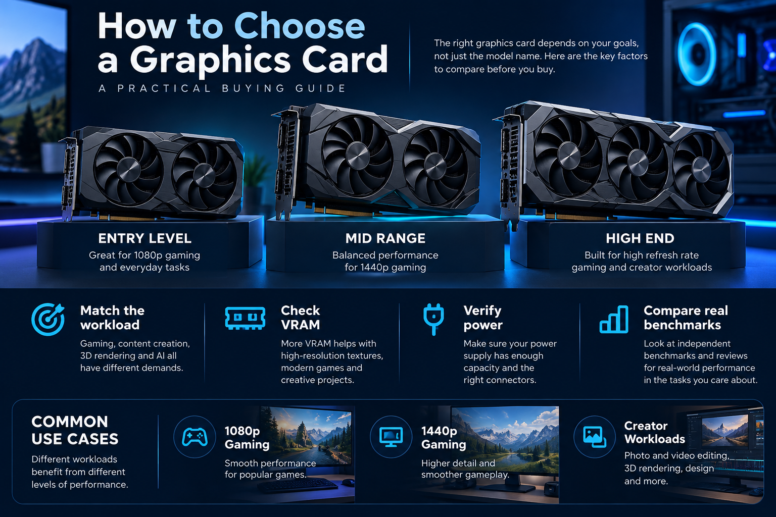 Original Alfrensia infographic showing GPU buying factors: workload, VRAM, power requirements, benchmarks and common use cases.