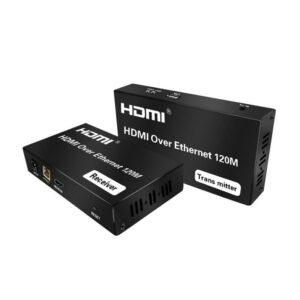 HDMI extender kit showing transmitter and receiver units for a long-distance HDMI connection