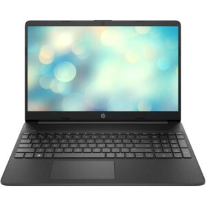 Black HP 15s laptop with AMD Ryzen 3 5300U, 8GB RAM and 256GB SSD, shown open from the front