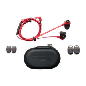 HyperX Cloud Earbuds red-and-black package contents and carrying case