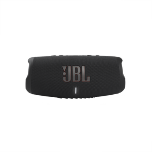 Front view of the black JBL Charge 5 portable Bluetooth speaker
