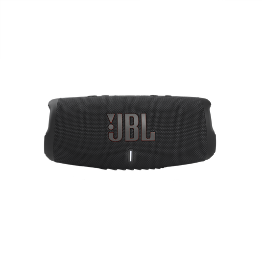 Front view of the black JBL Charge 5 portable Bluetooth speaker