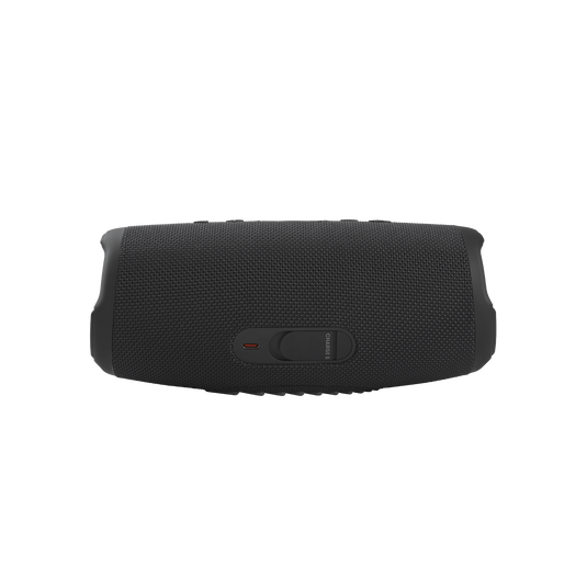 Rear ports view of the black JBL Charge 5 portable Bluetooth speaker