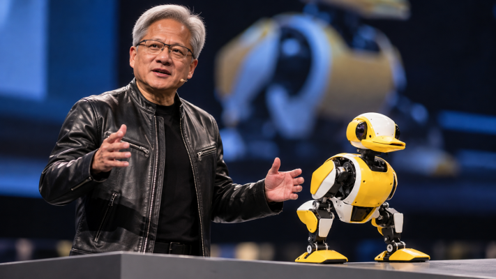 Editorial illustration of Jensen Huang presenting a yellow-and-white Microduck robot on a stage, without logos or text