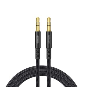 Joyroom SY-10A1 black braided 1 metre AUX audio cable with 3.5 mm male-to-male stereo connectors.