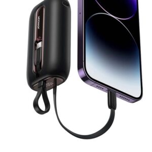 Black Joyroom JR-L012 10000mAh 22.5W mini power bank with digital display and built-in charging cables
