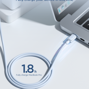 White JOYROOM 100W USB-C to USB-C cable connected to a laptop, illustrating a charging use case